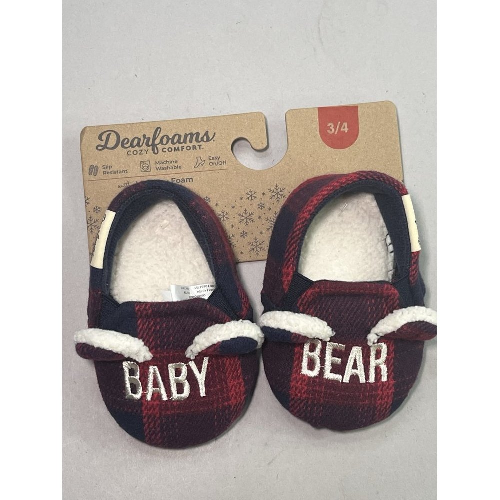 Dearfoams Cozy Comfort Baby Bear Plaid Closed Back Baby Slippers Size 3-4
